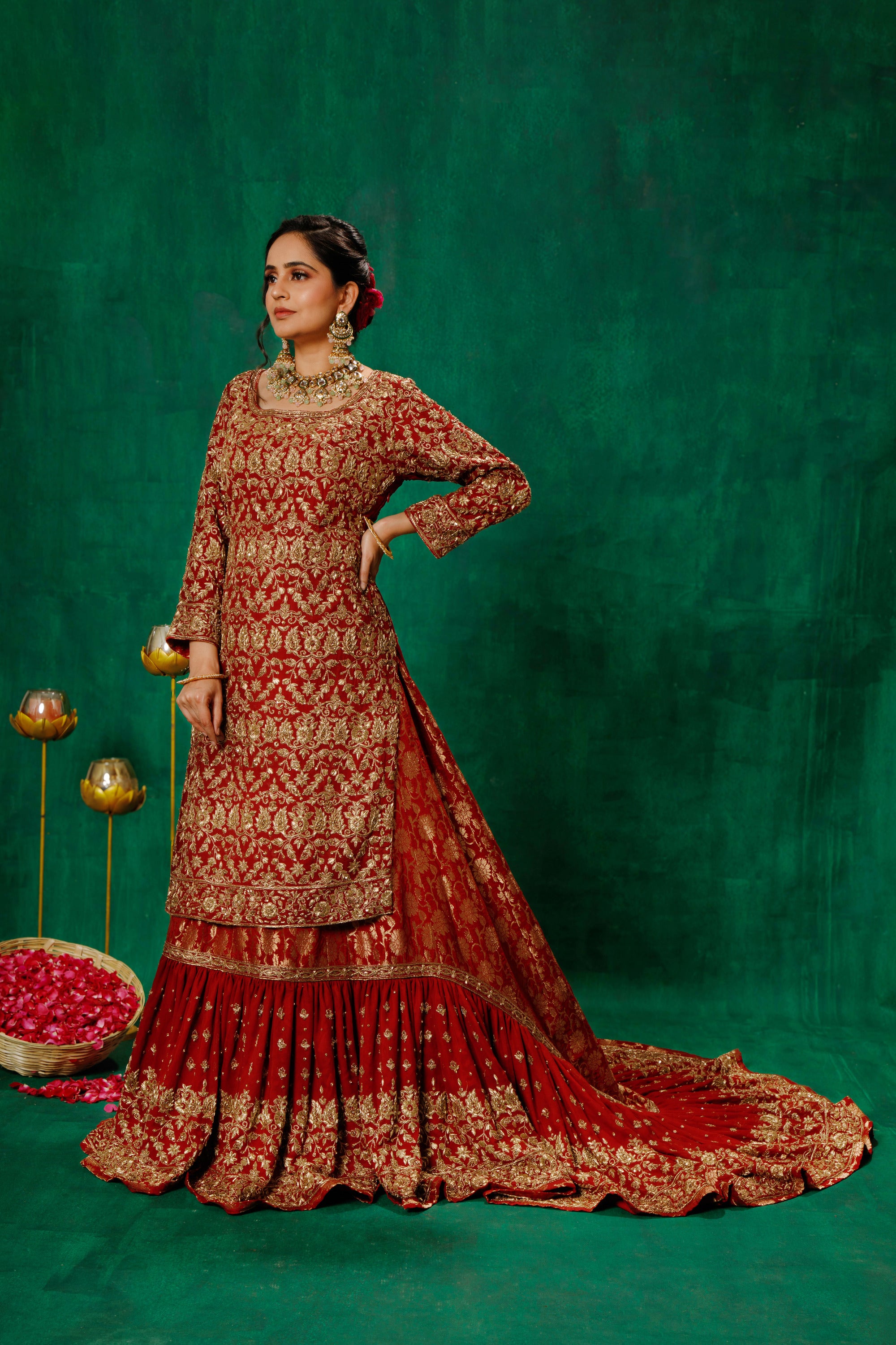 Maroon Kameez with Farshi Gharara & Dupatta