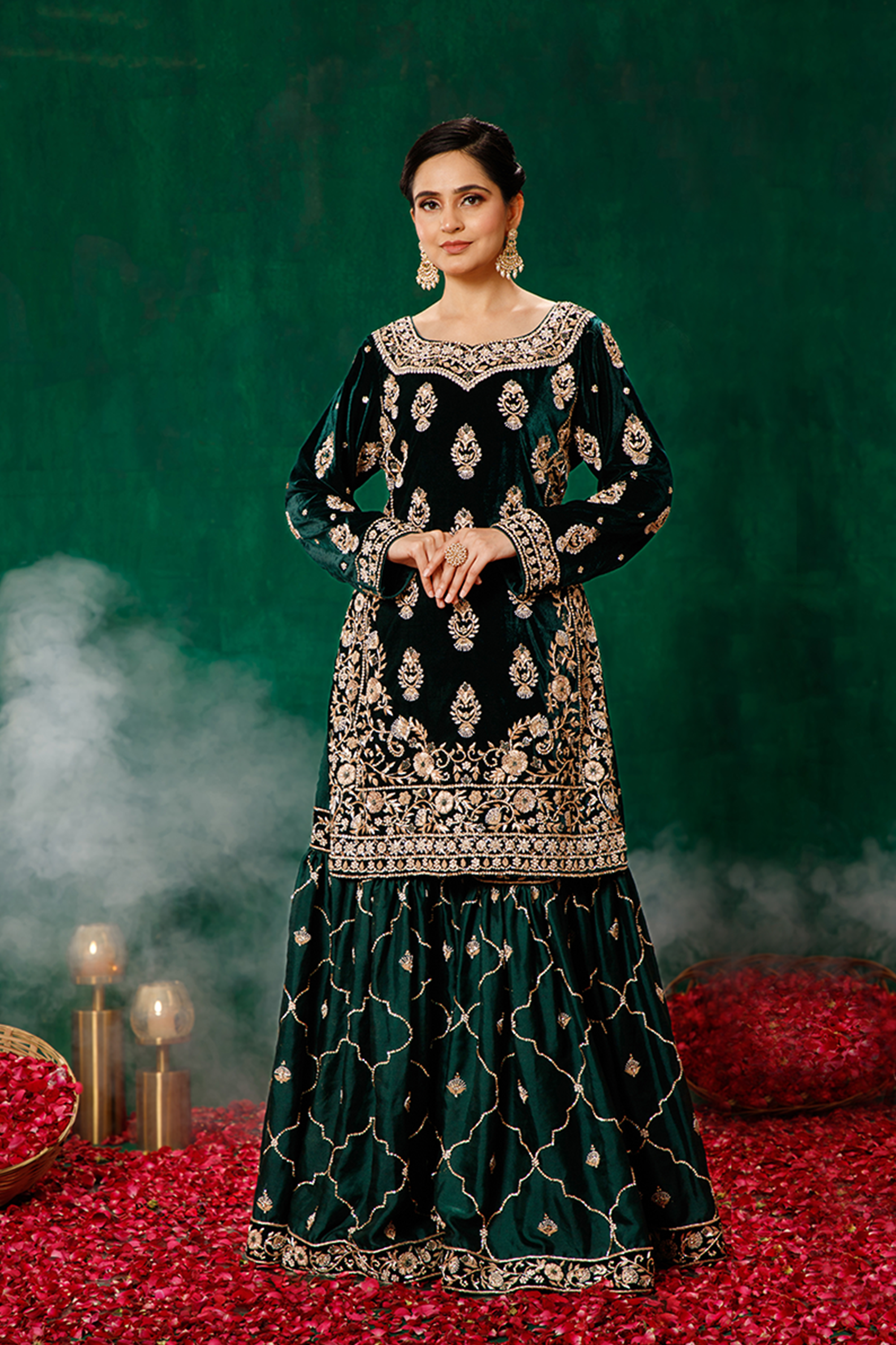 Green Zardozi Kameez Gharara & Dupatta Set