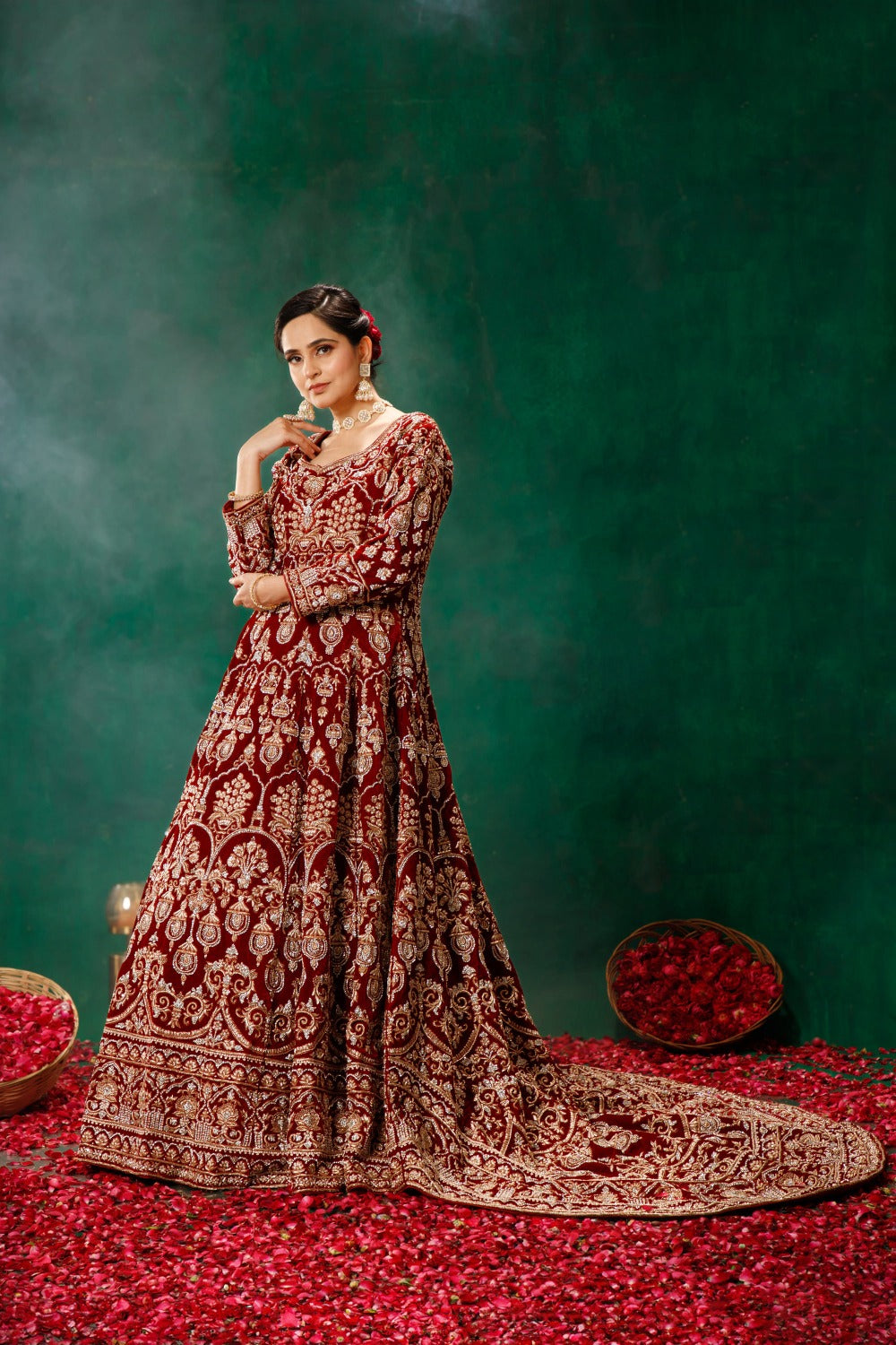 Maroon One Piece Gown Trail Dupatta – Fareenas Bridals