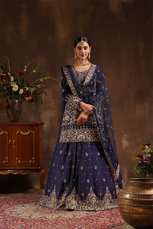 NAVY BLUE RAW SILK KAMEEZ AND LEHANGA