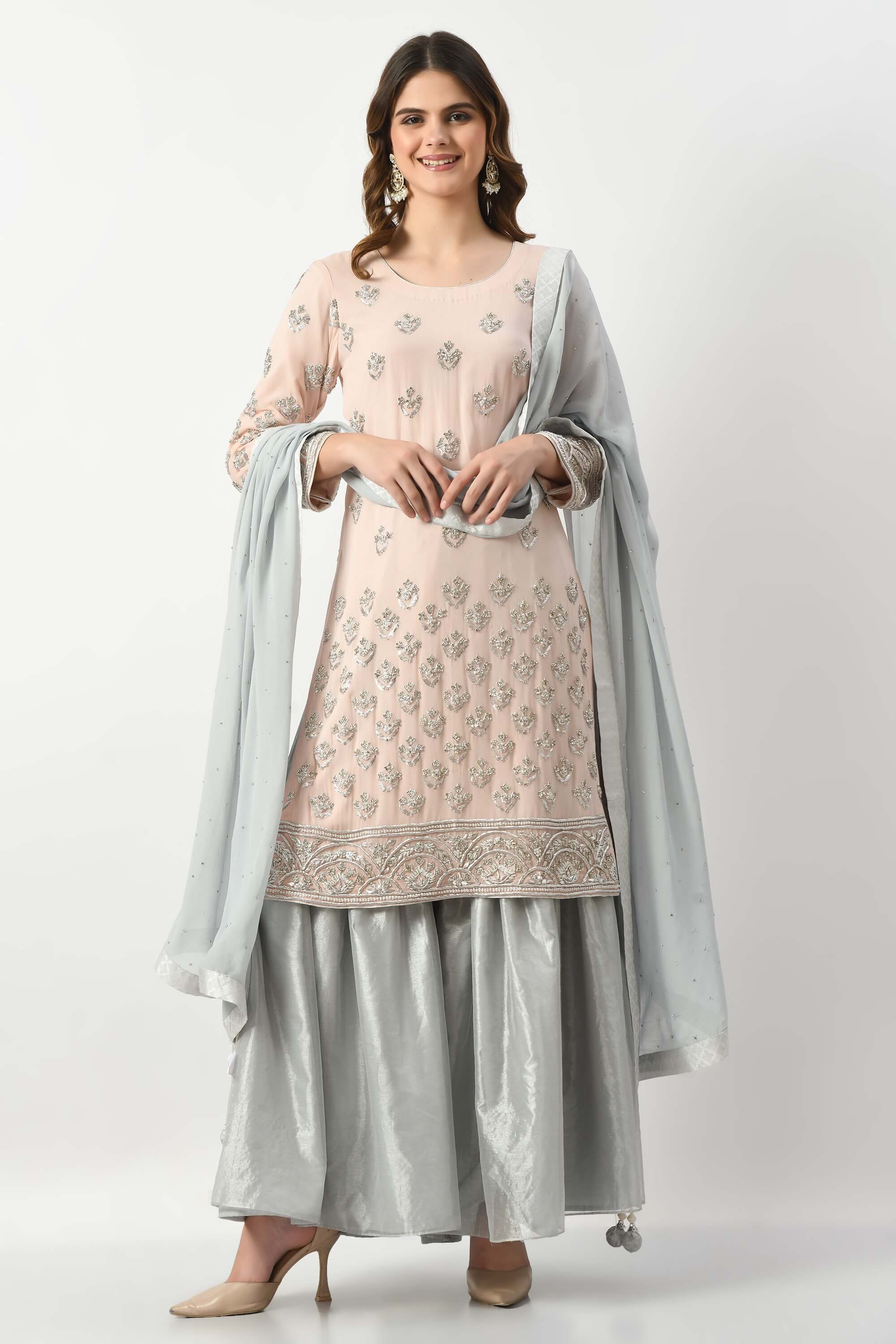 Baby Pink Grey Kameez Gharara Dupatta