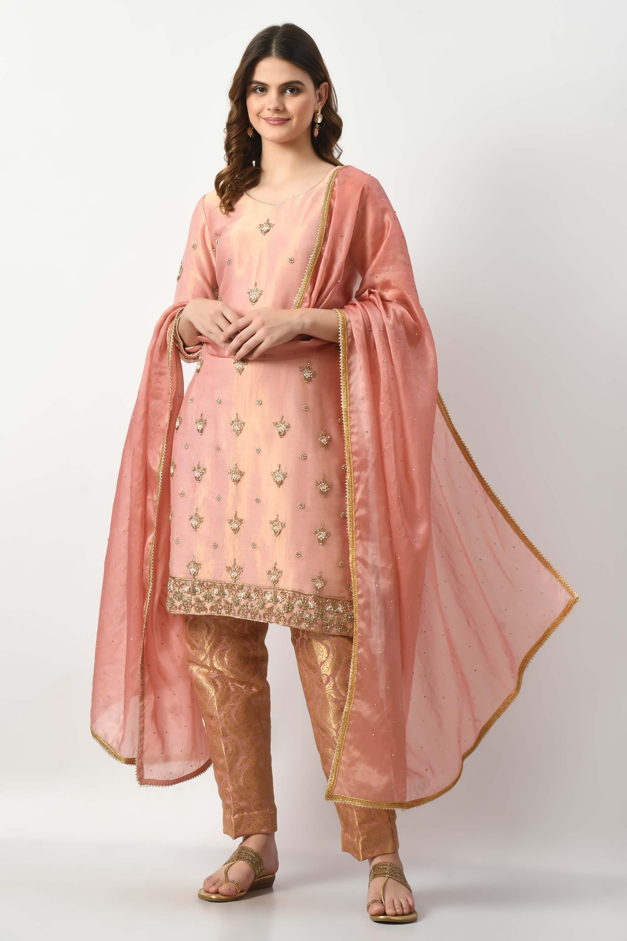 Peach Pink Kameez Trouser Dupatta