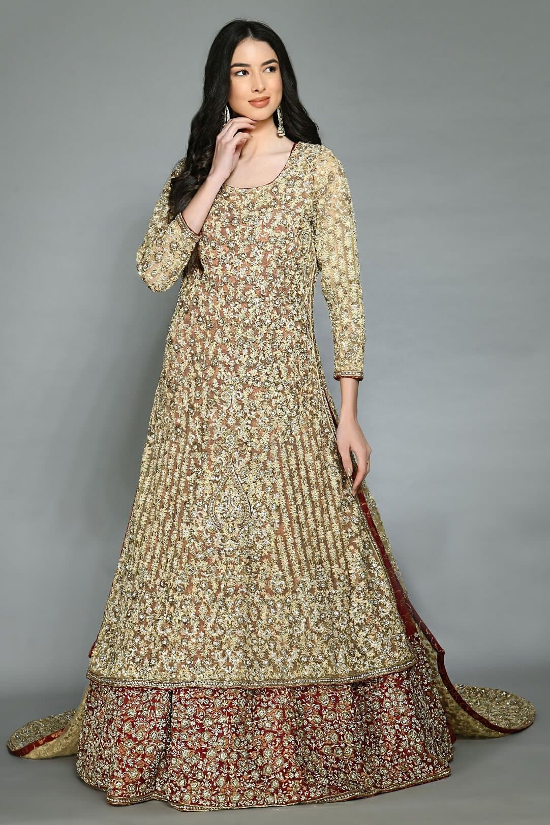 Peach kameez with maroon lehenga