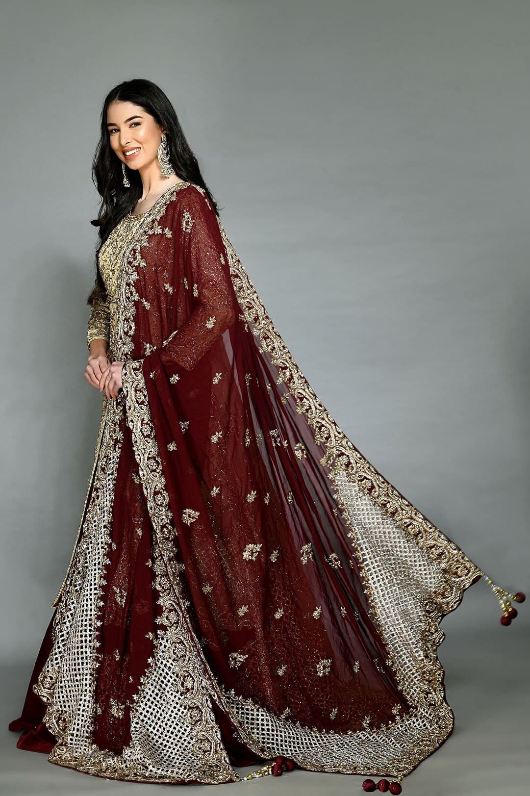 Gold & Maroon jacket lehenga