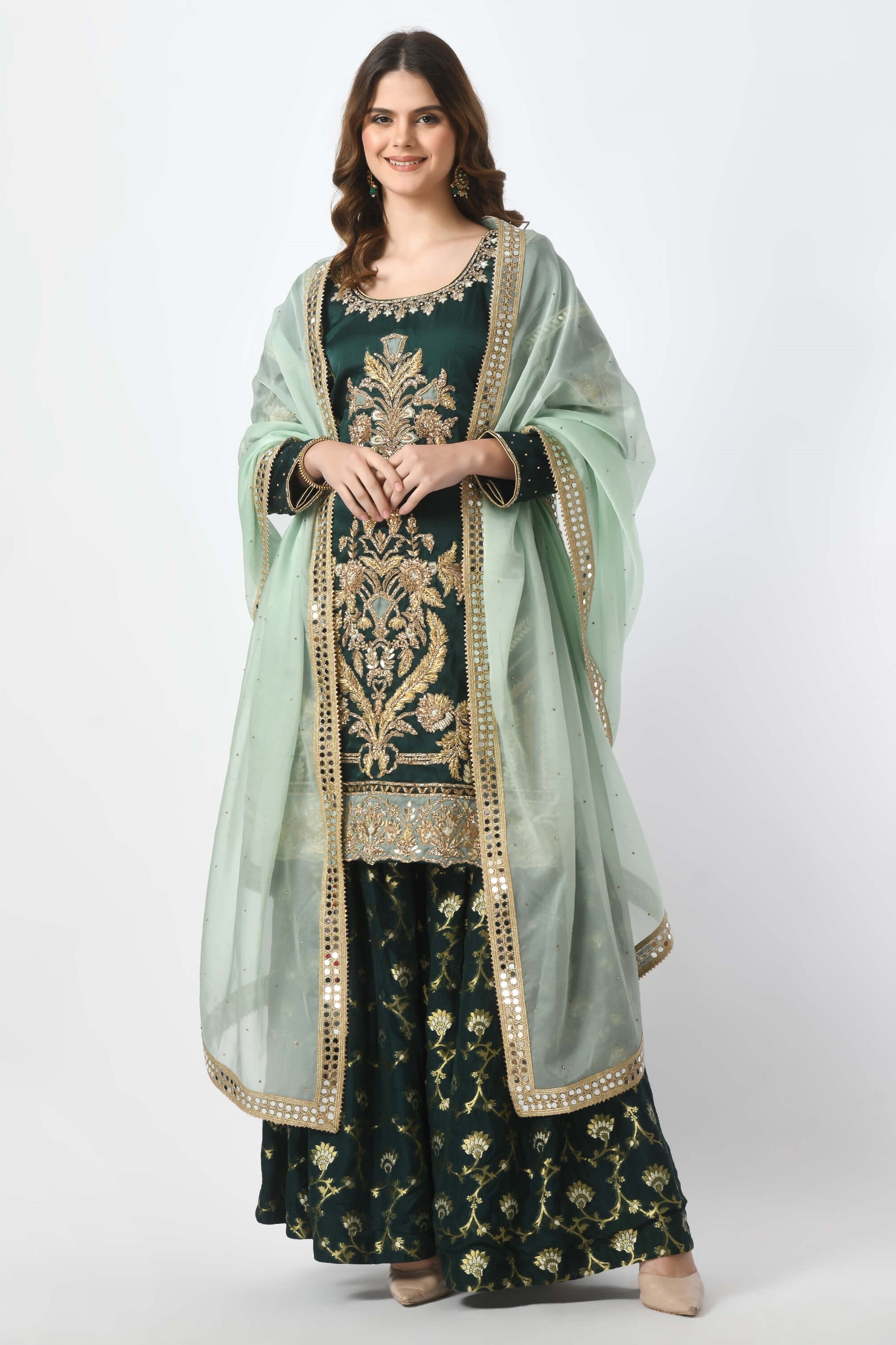 Dark Green Kameez Gharara Dupatta