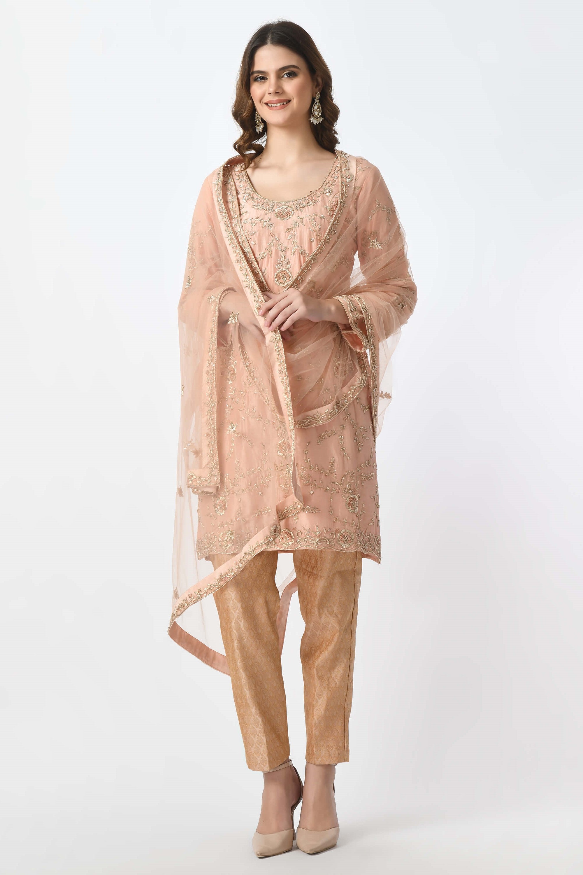 Peach Pink  Kameez Trouser Dupatta