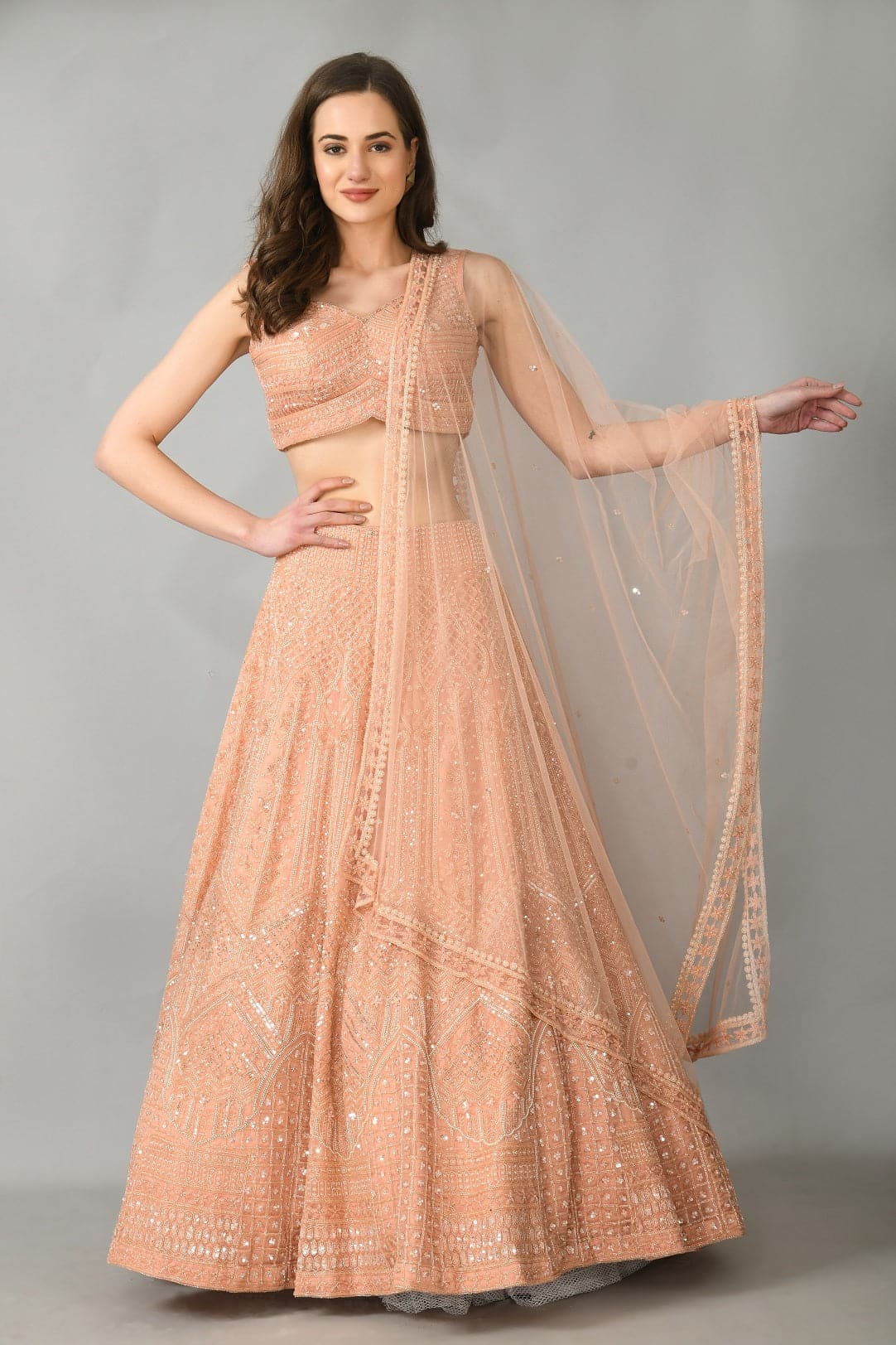 Peach organza lehenga