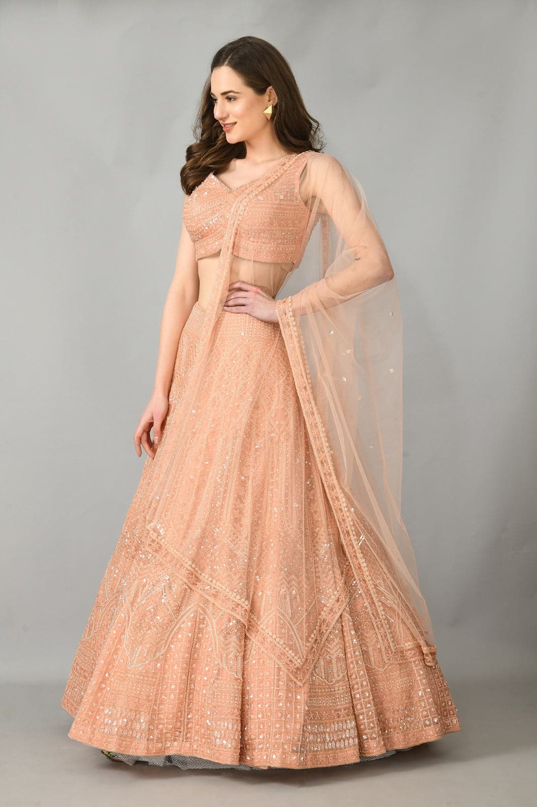 Peach organza lehenga