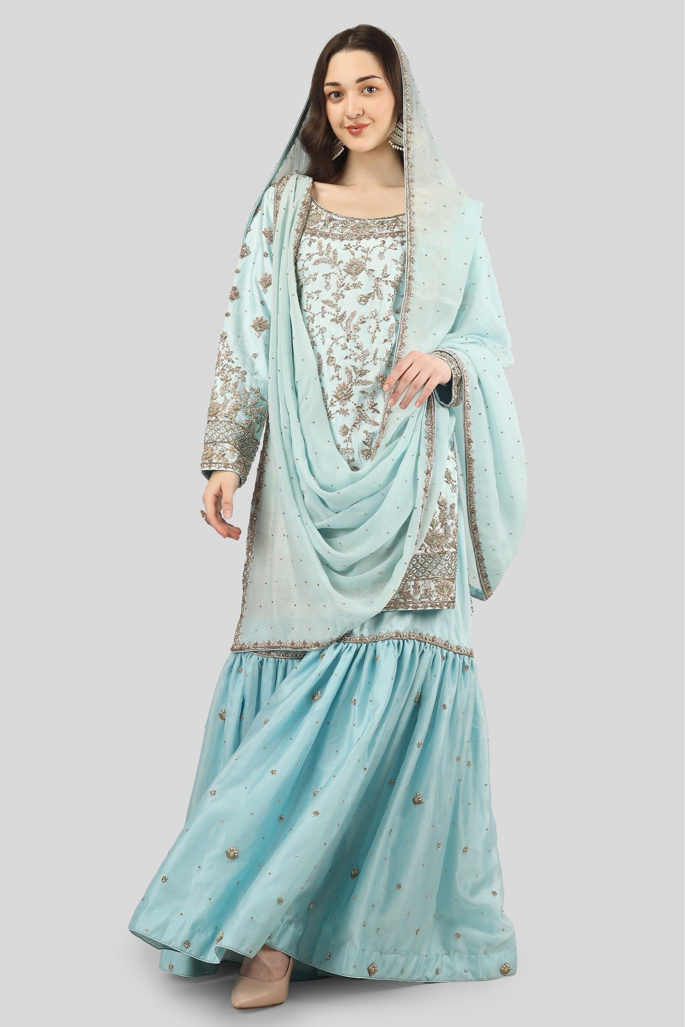 Sky Blue Kameez and Gharara Set with Dupatta