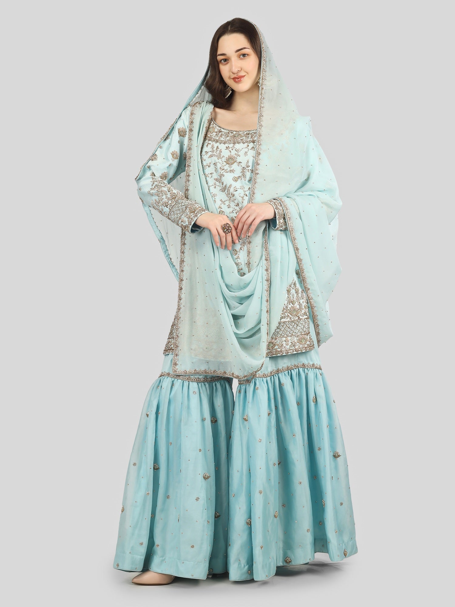 Sky Blue Kameez and Gharara Set with Dupatta