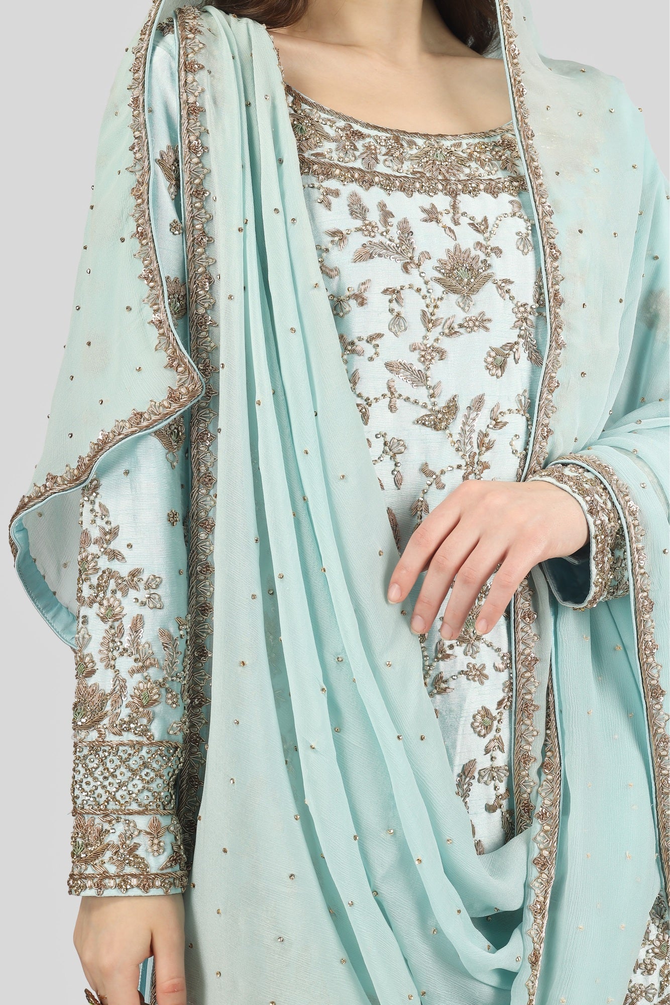 Sky Blue Kameez and Gharara Set with Dupatta
