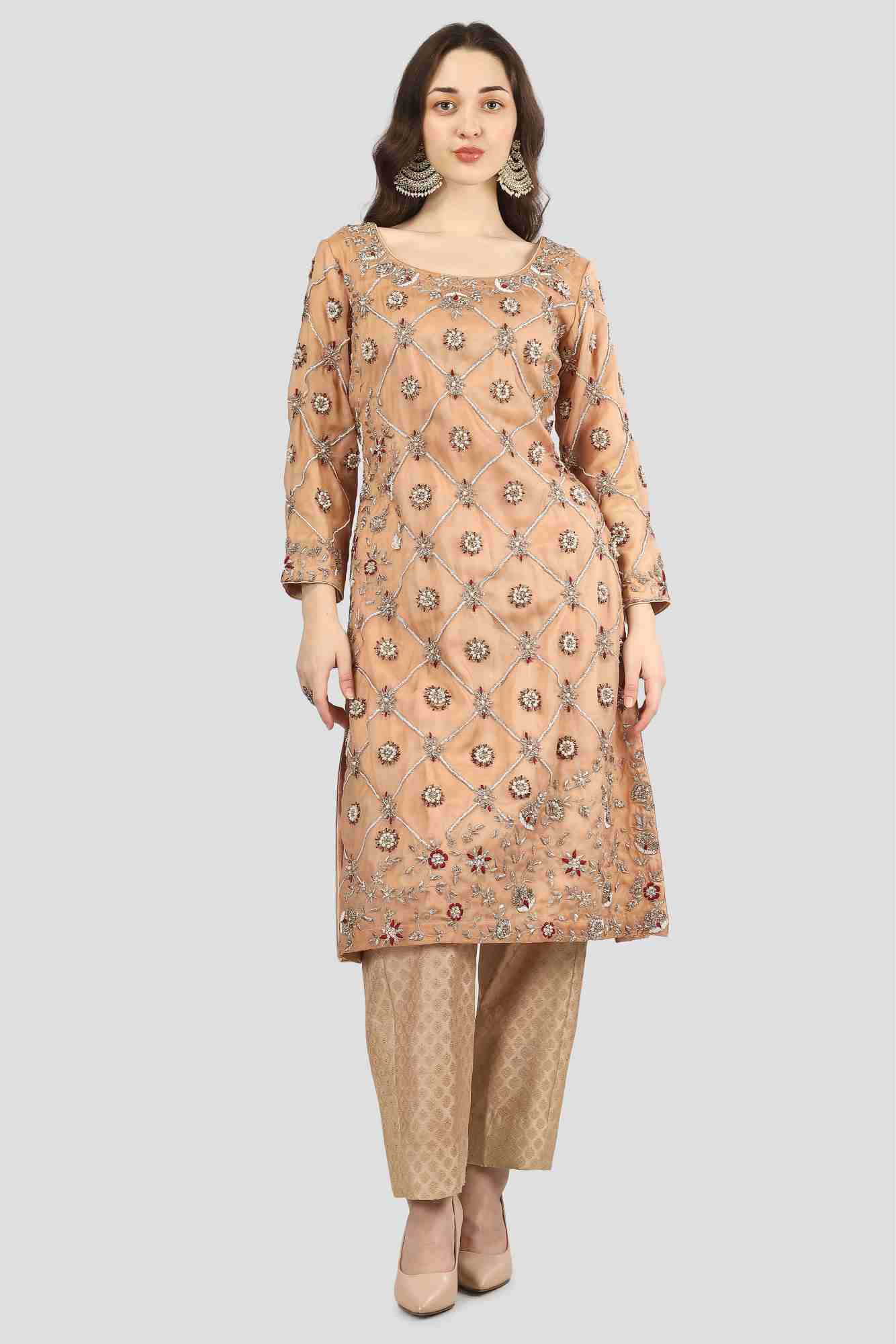 Nude Beige Kameez Trouser Set with Dupatta