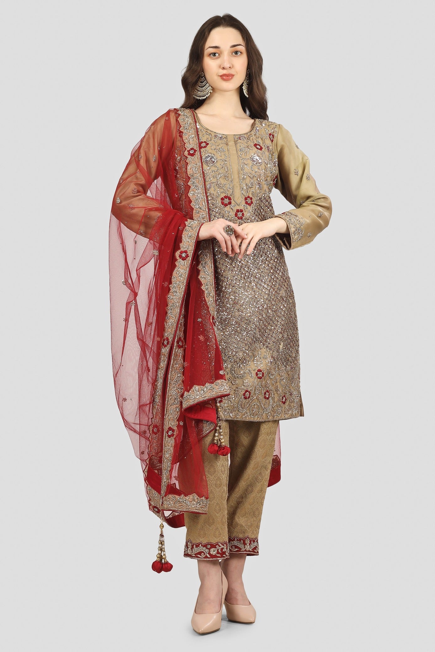 Gold and Bronze Kameez Trouser Set with Dupatta