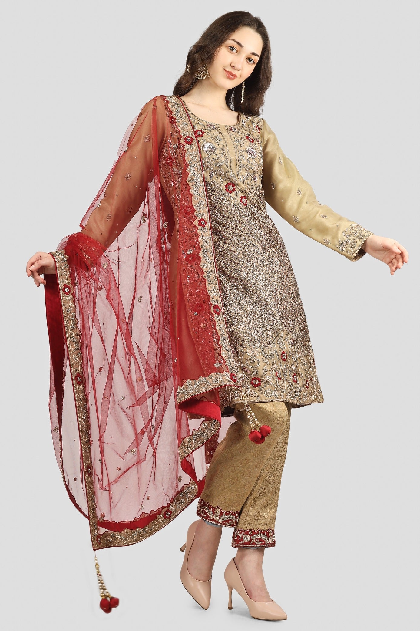 Gold and Bronze Kameez Trouser Set with Dupatta