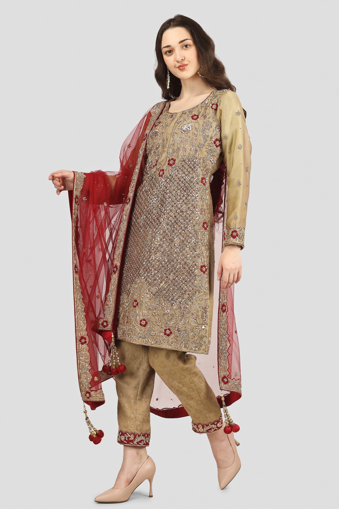 Gold and Bronze Kameez Trouser Set with Dupatta