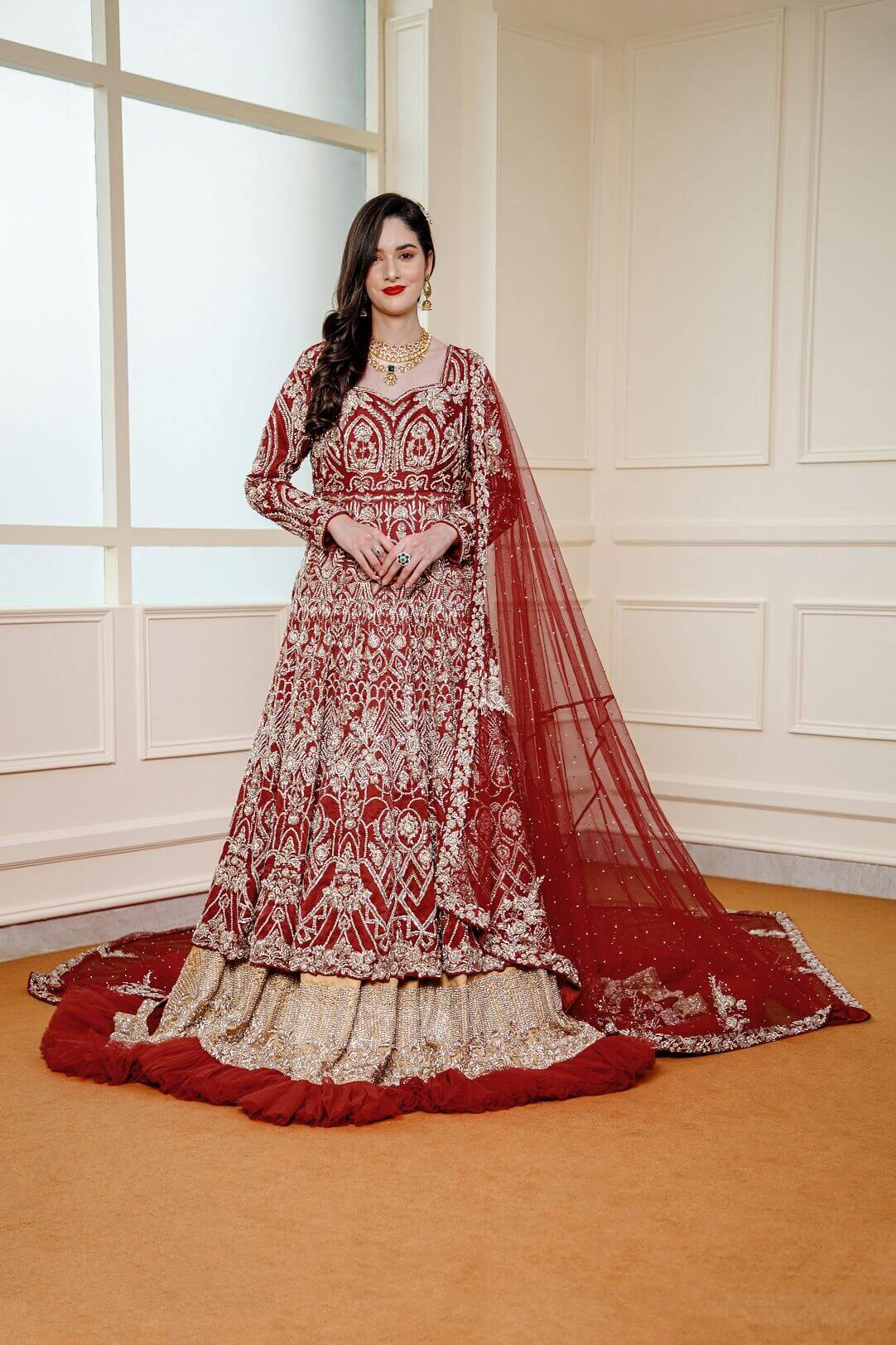 Dark Red double trail Bridal Dress