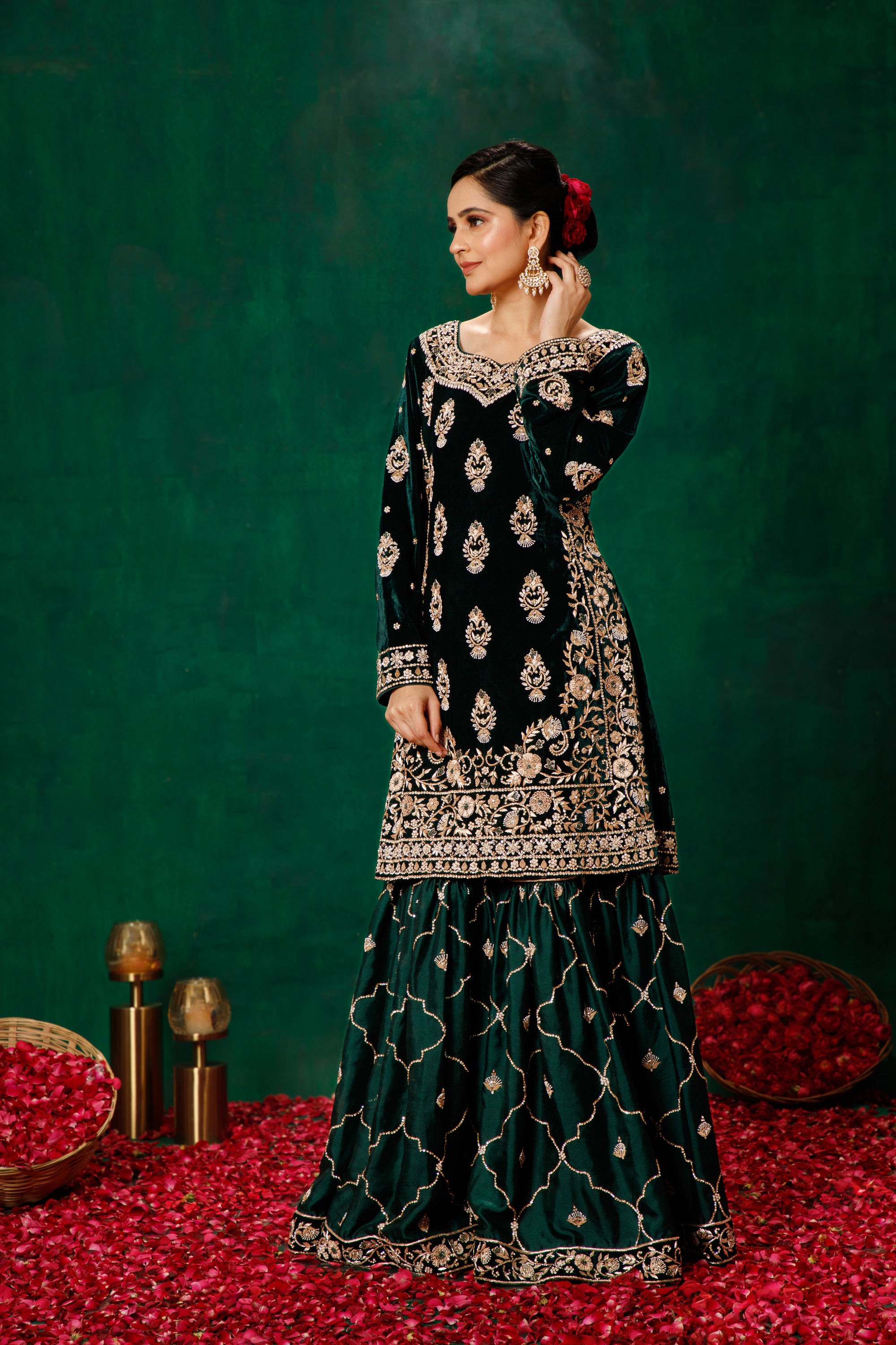 Green Zardozi Kameez Gharara & Dupatta Set