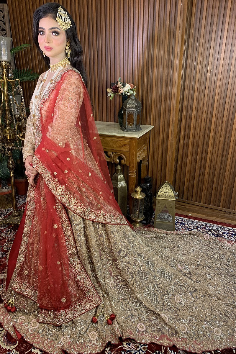 Ivory jacket with red lehenga