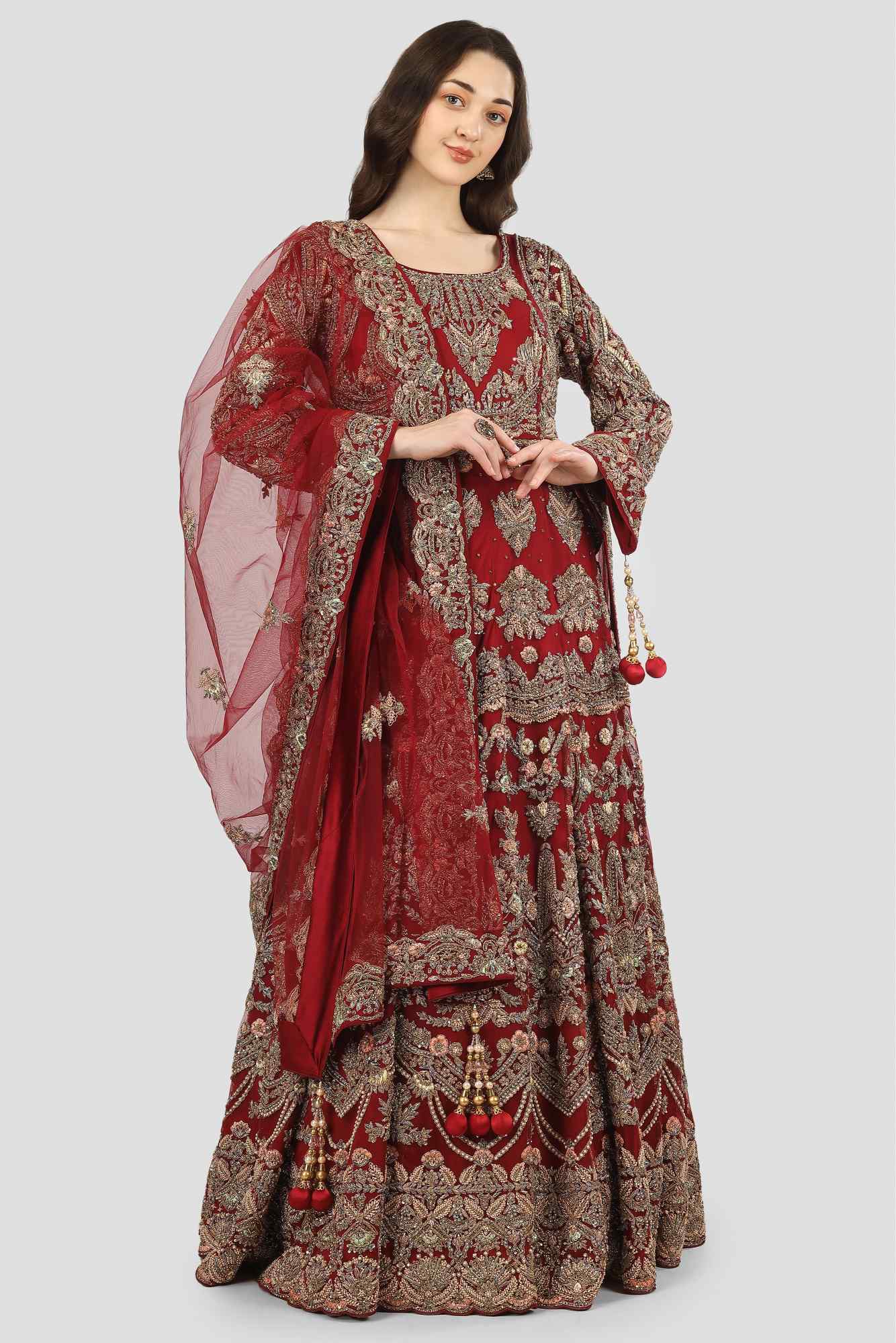 Deep Wine Red Antique Gown with Dupatta