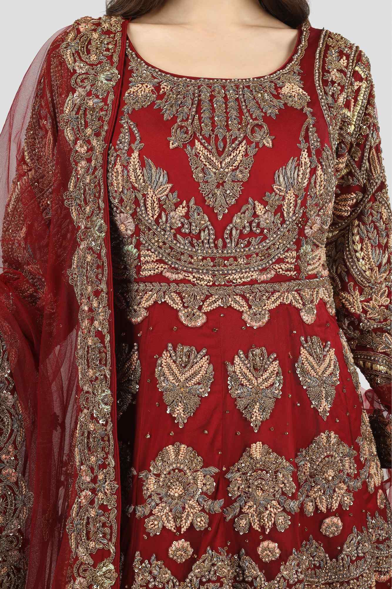 Deep Wine Red Antique Gown with Dupatta