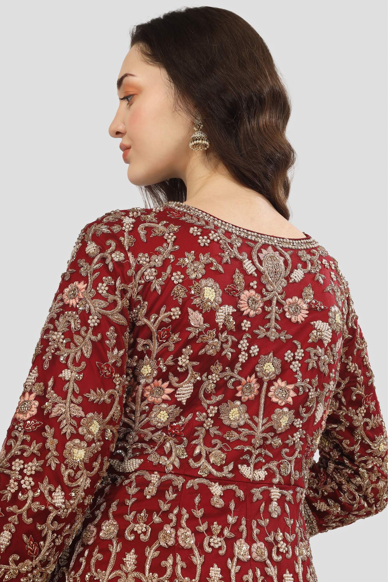 Deep Red (Crimson) Peplum Lehenga with a Trail