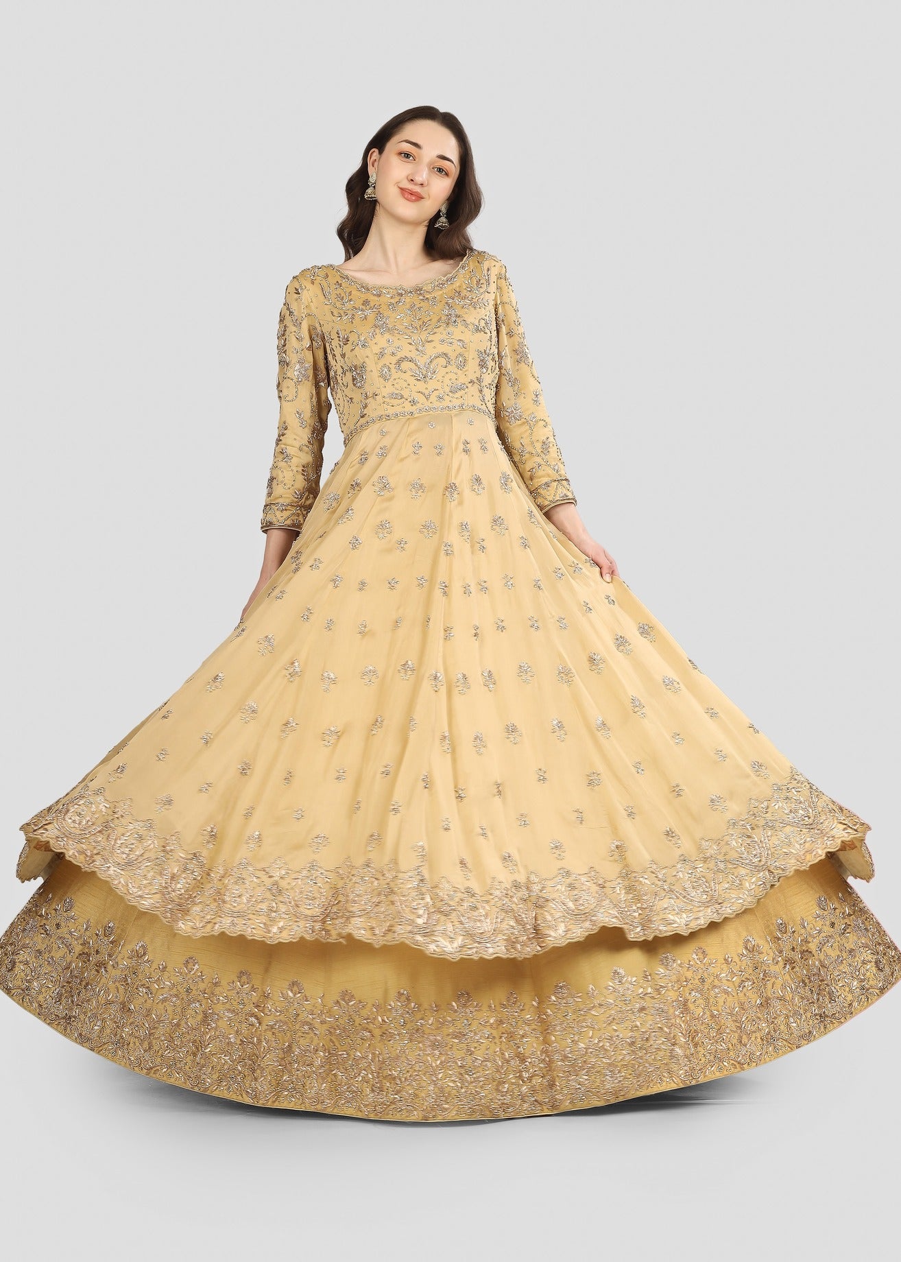 Double Layer Anarkali in Golden Beige and Rich Red