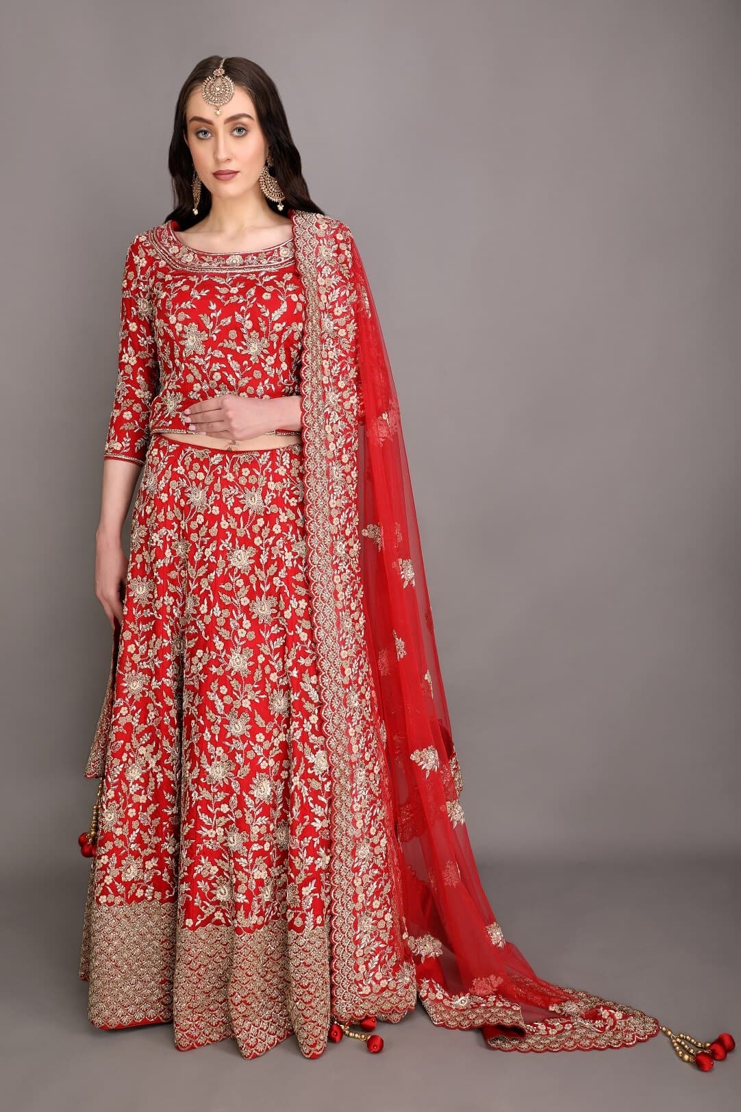 Red lehenga with dabka check