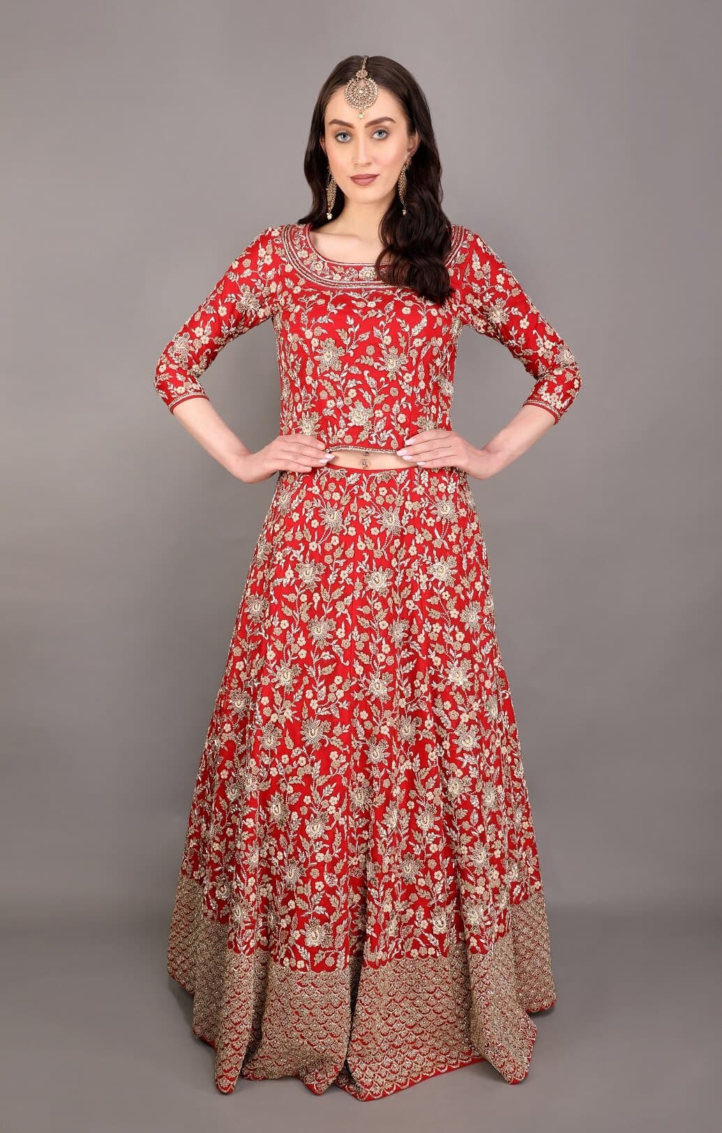 Red lehenga with dabka check