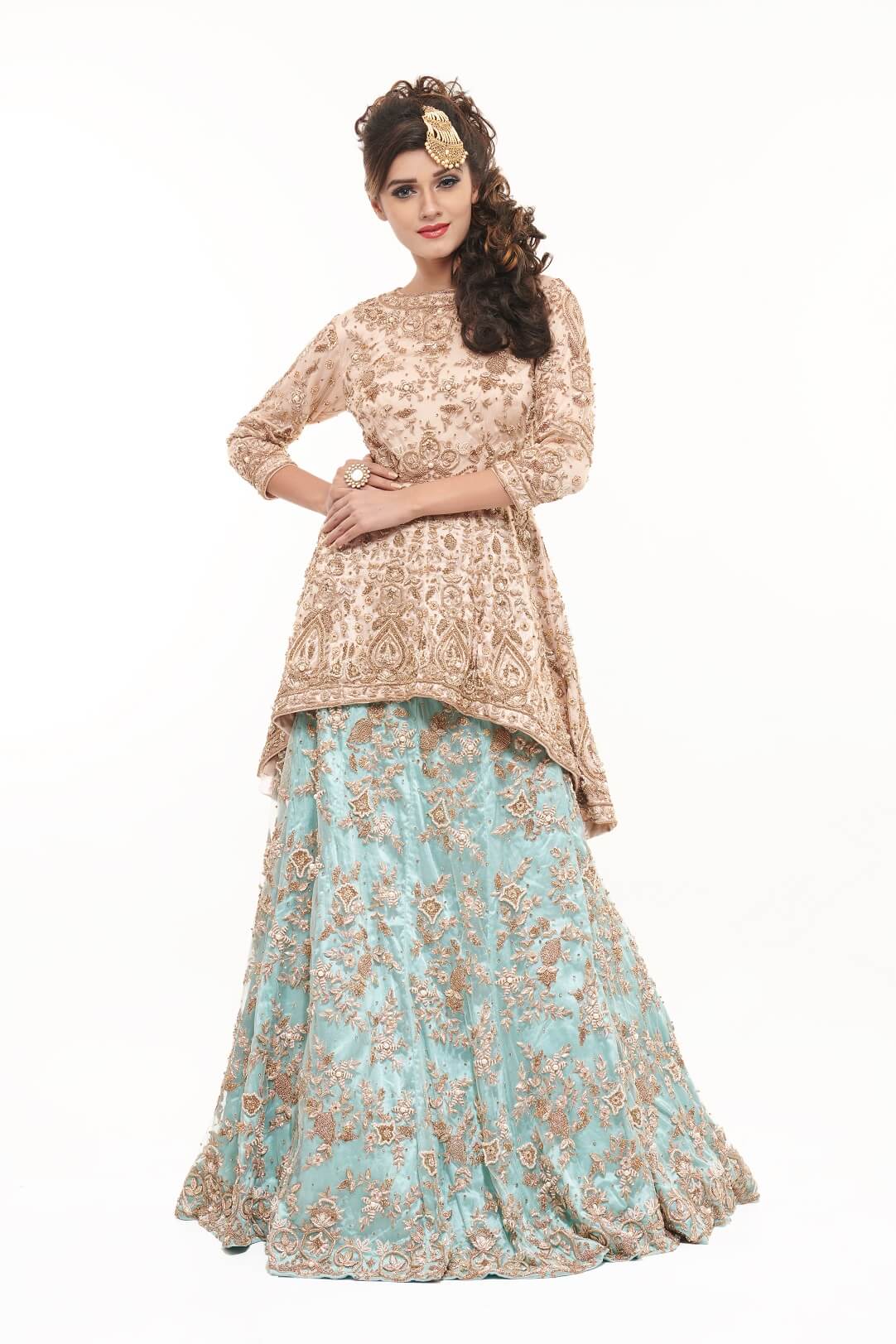Peach peplum and sea blue lehenga