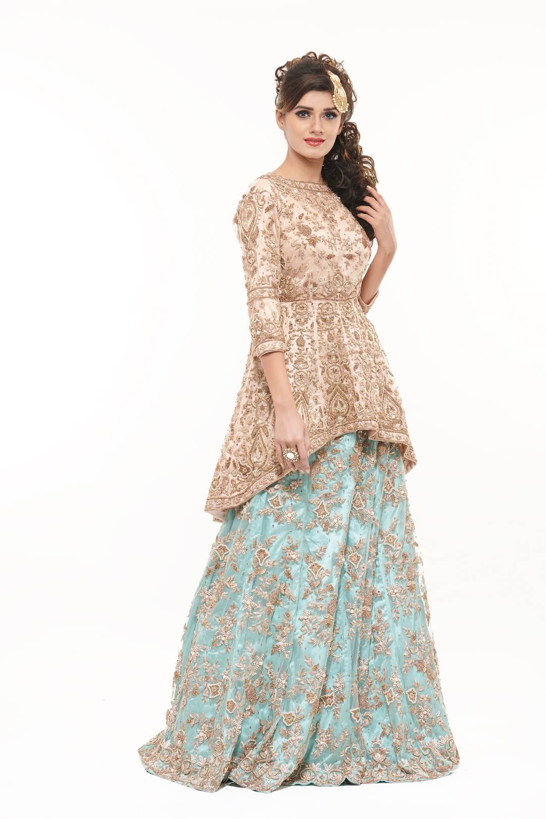 Peach peplum and sea blue lehenga