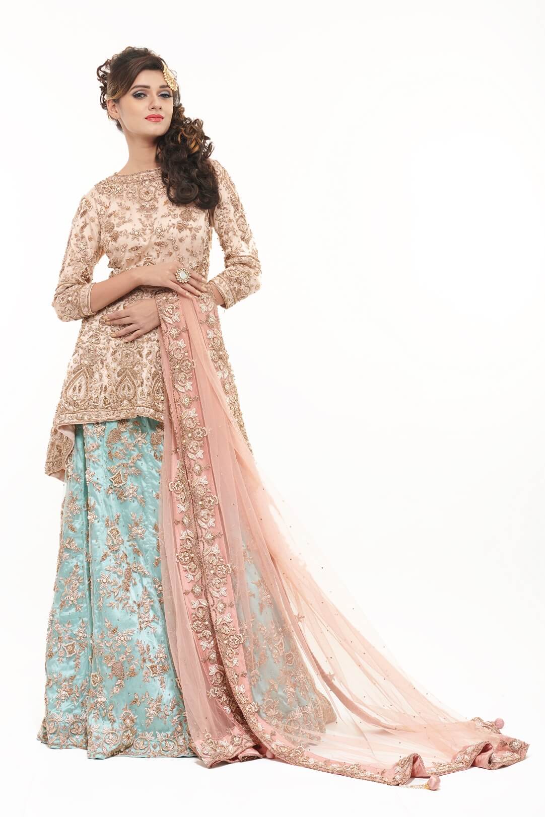 Peach peplum and sea blue lehenga