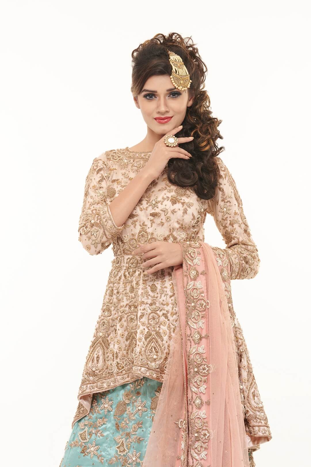 Peach peplum and sea blue lehenga