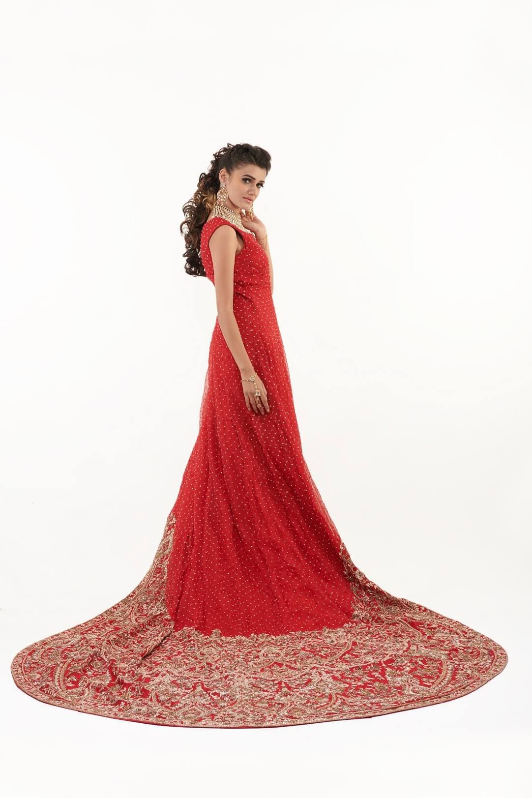 Red bridal back slit gown trail
