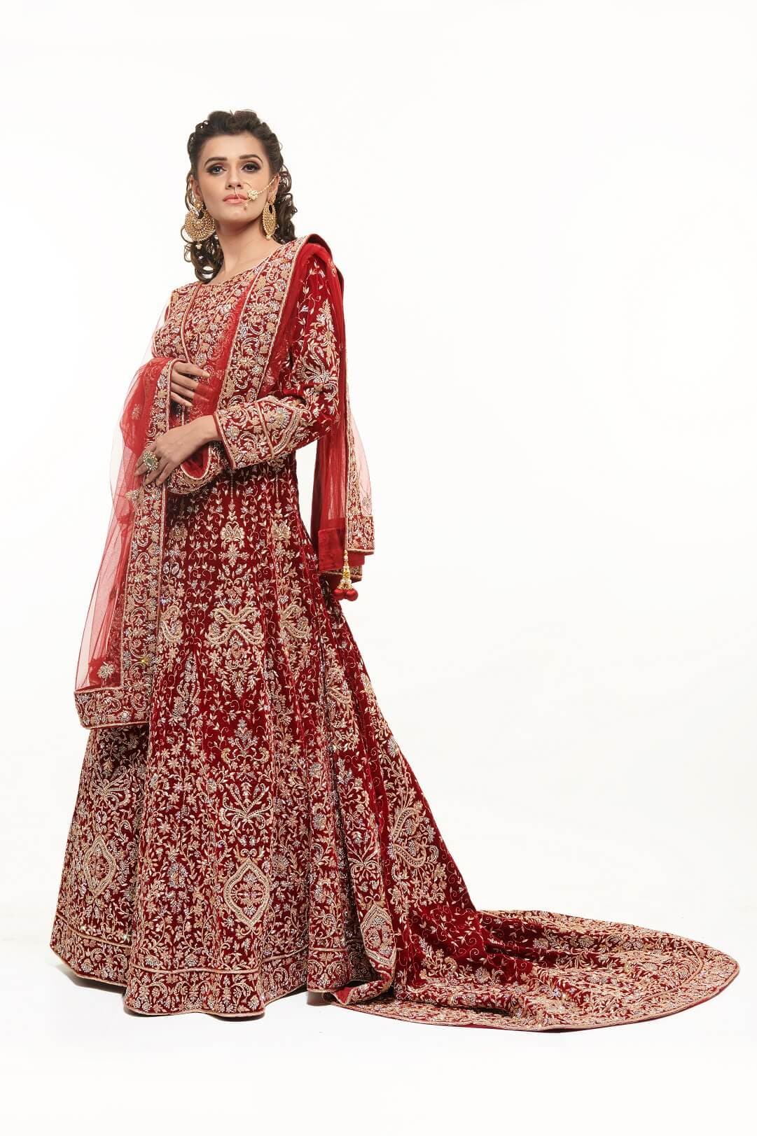 Maroon velvet gown with trail