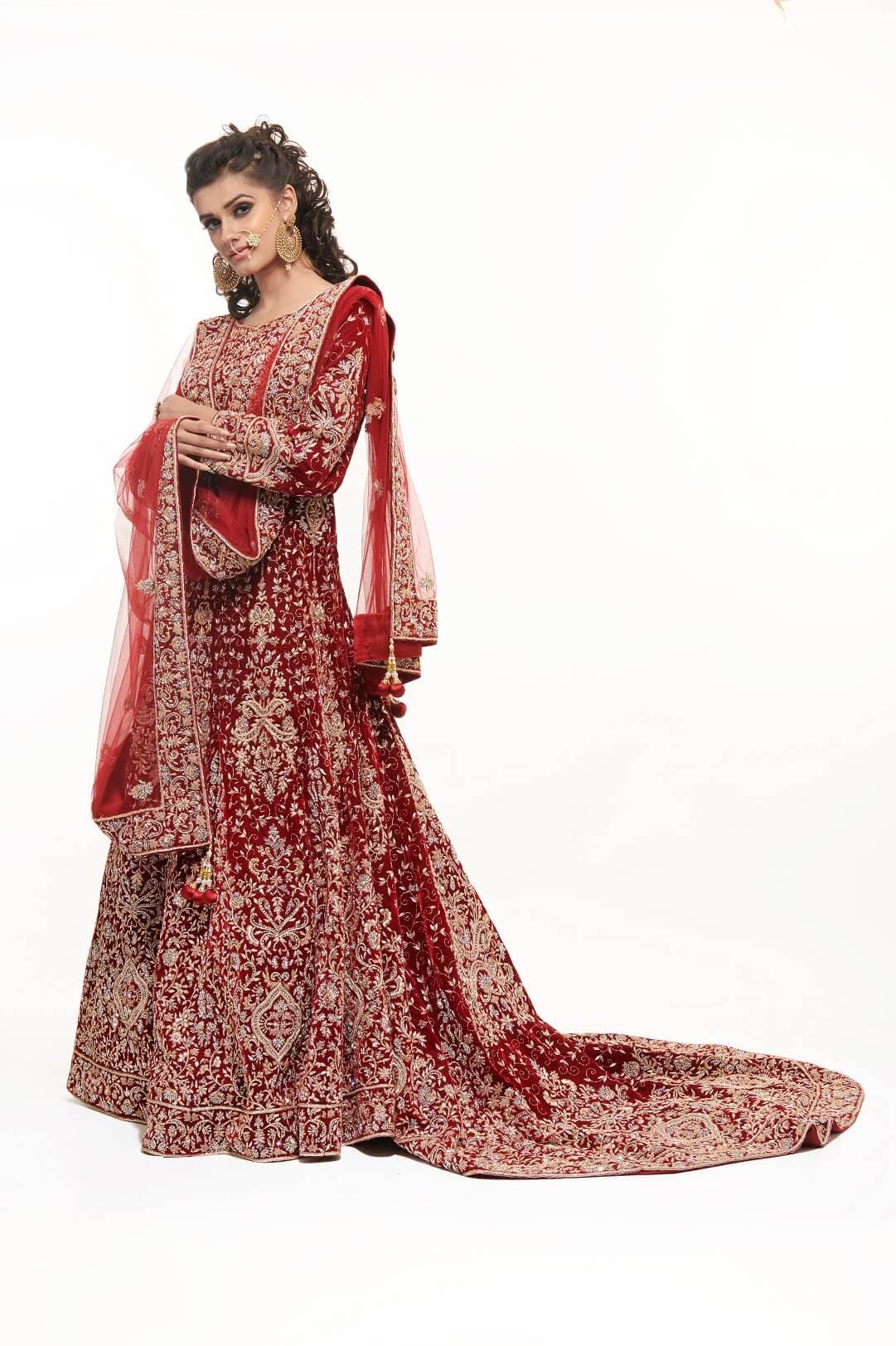 Maroon velvet gown with trail