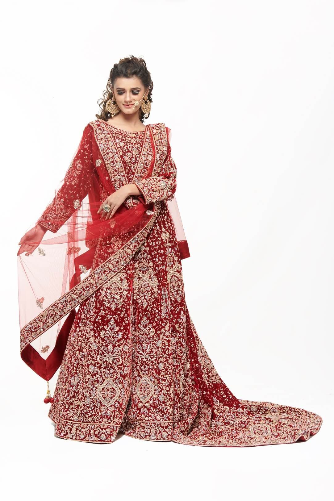 Maroon velvet gown with trail