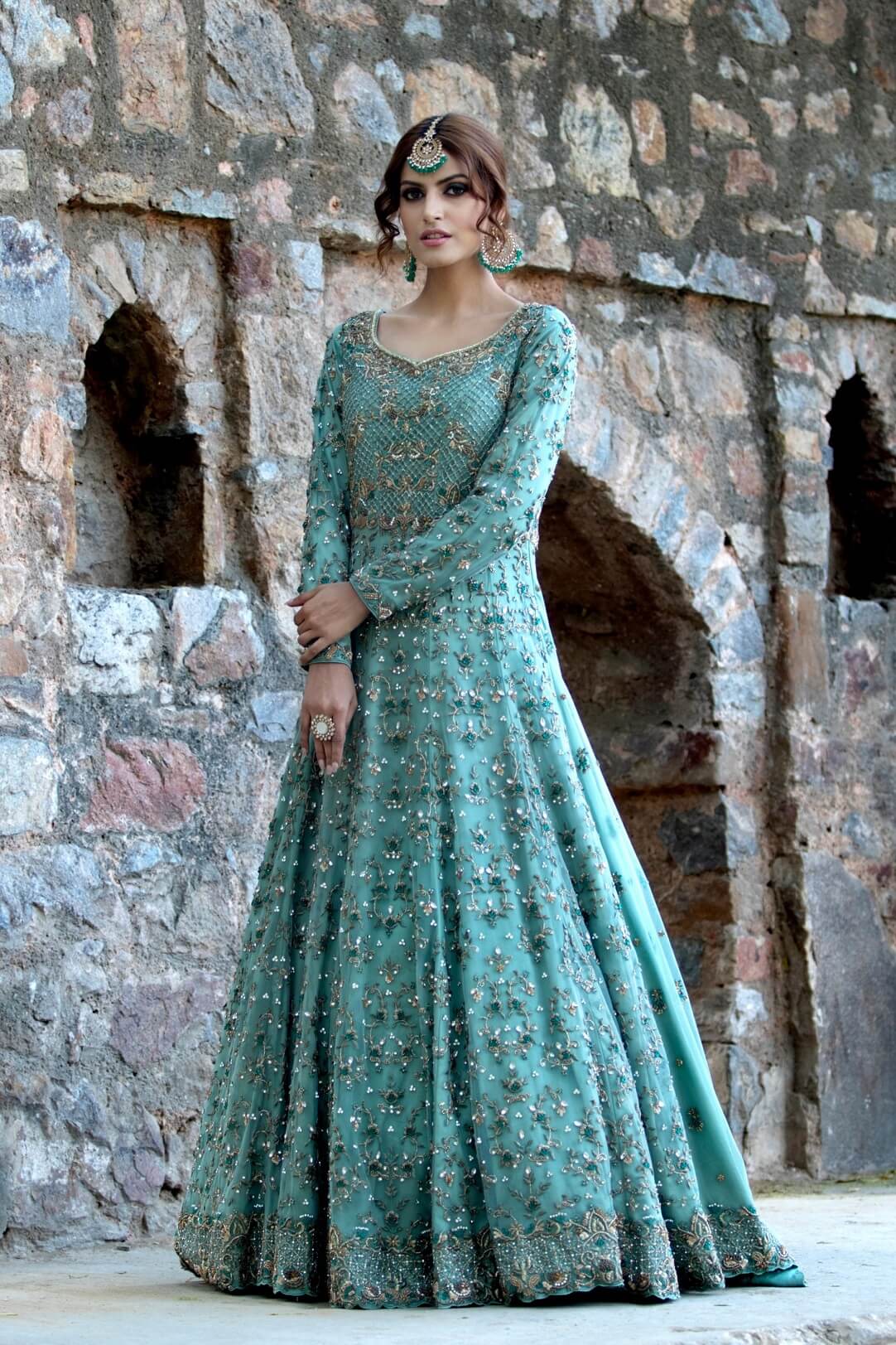 Dark Mint Maxi Dress with Trail