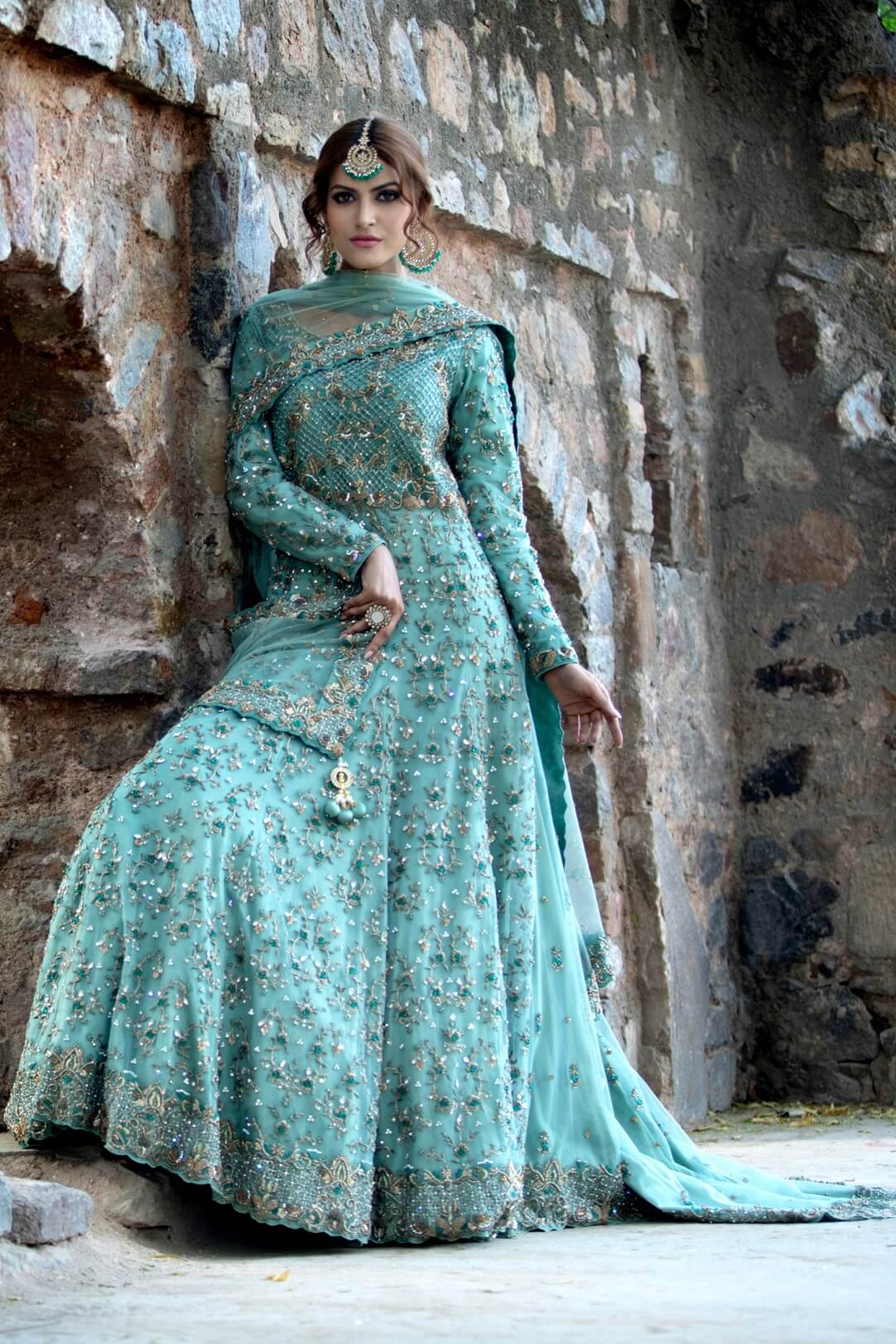 Dark Mint Maxi Dress with Trail