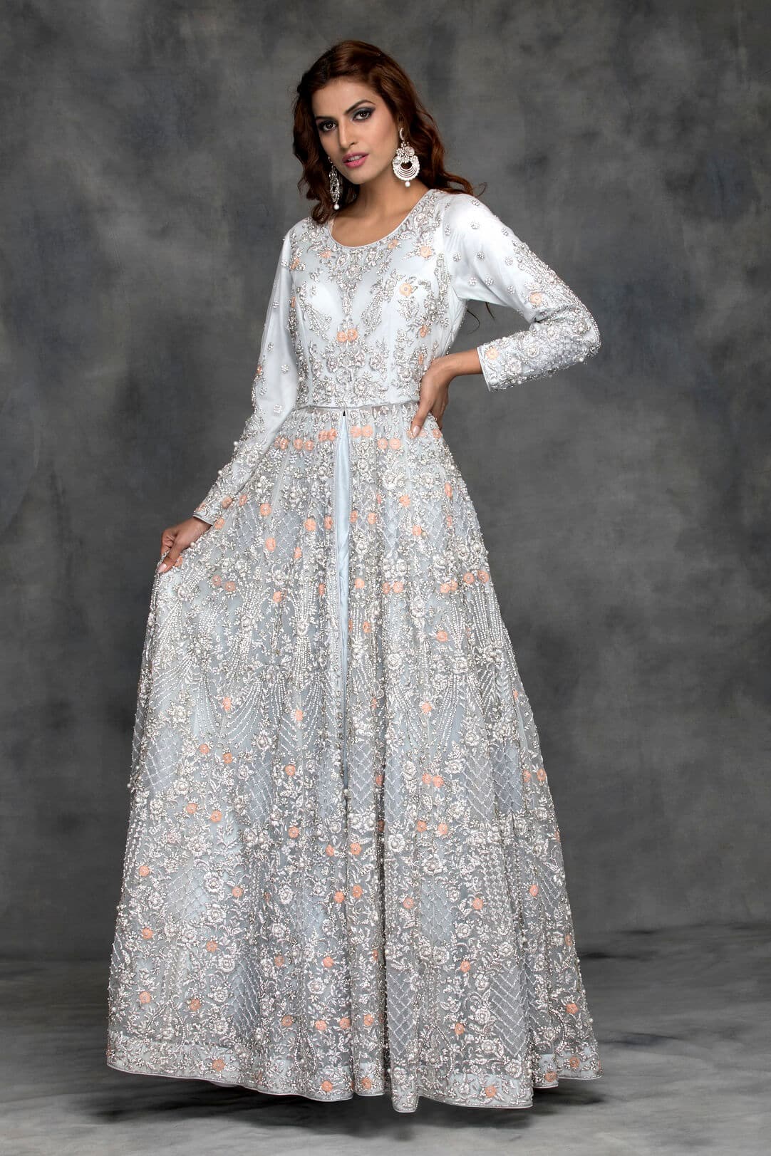 Light Grey Front Slit Open Lehenga