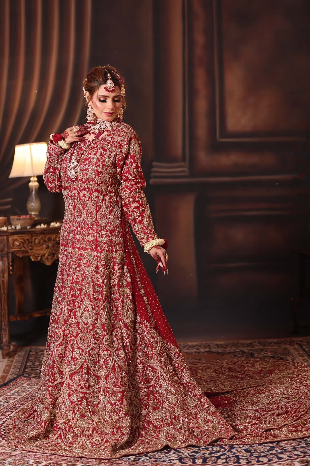 Red Bridal Back Slit Gown Trail