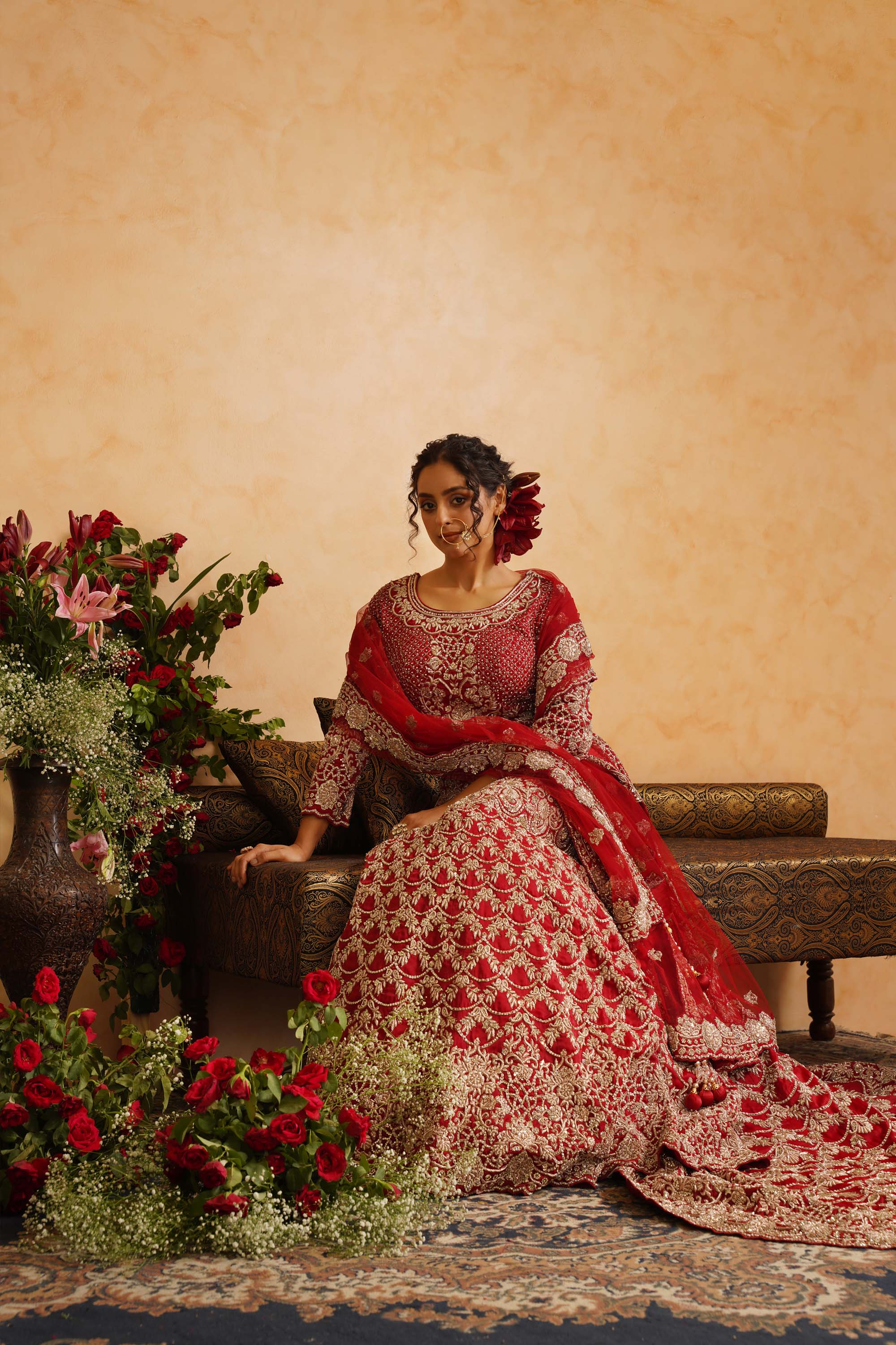 Red Lehanga Trail Blouse With Dupatta