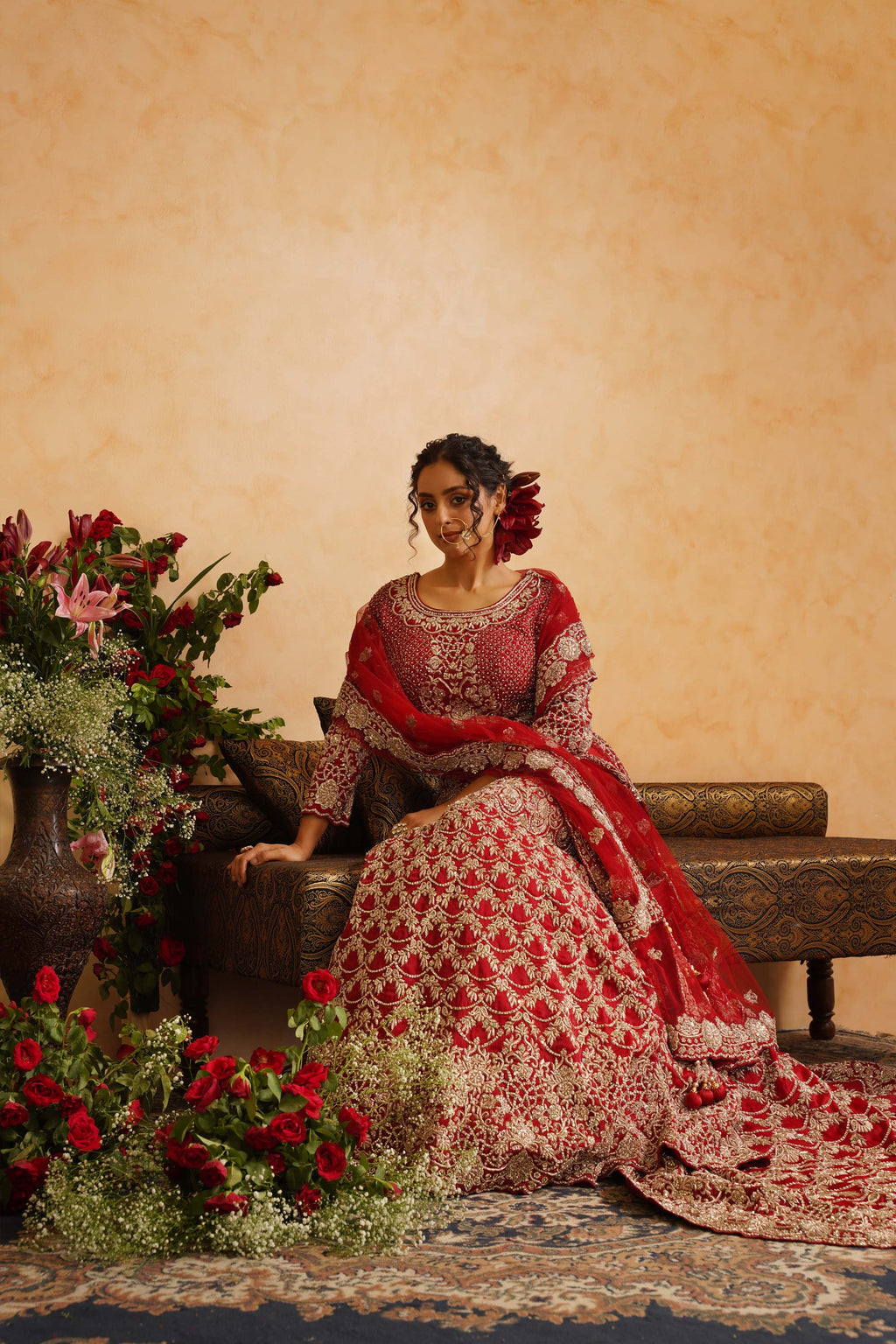 Red Lehanga Trail Blouse With Dupatta
