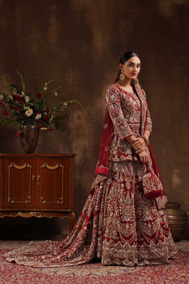 Maroon High Low Peplum Lehenga