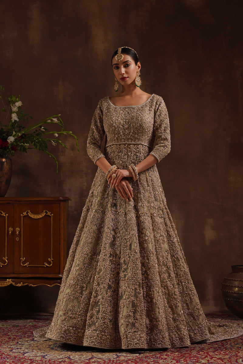 Pista Green One Piece Trail Gown with Lehenga