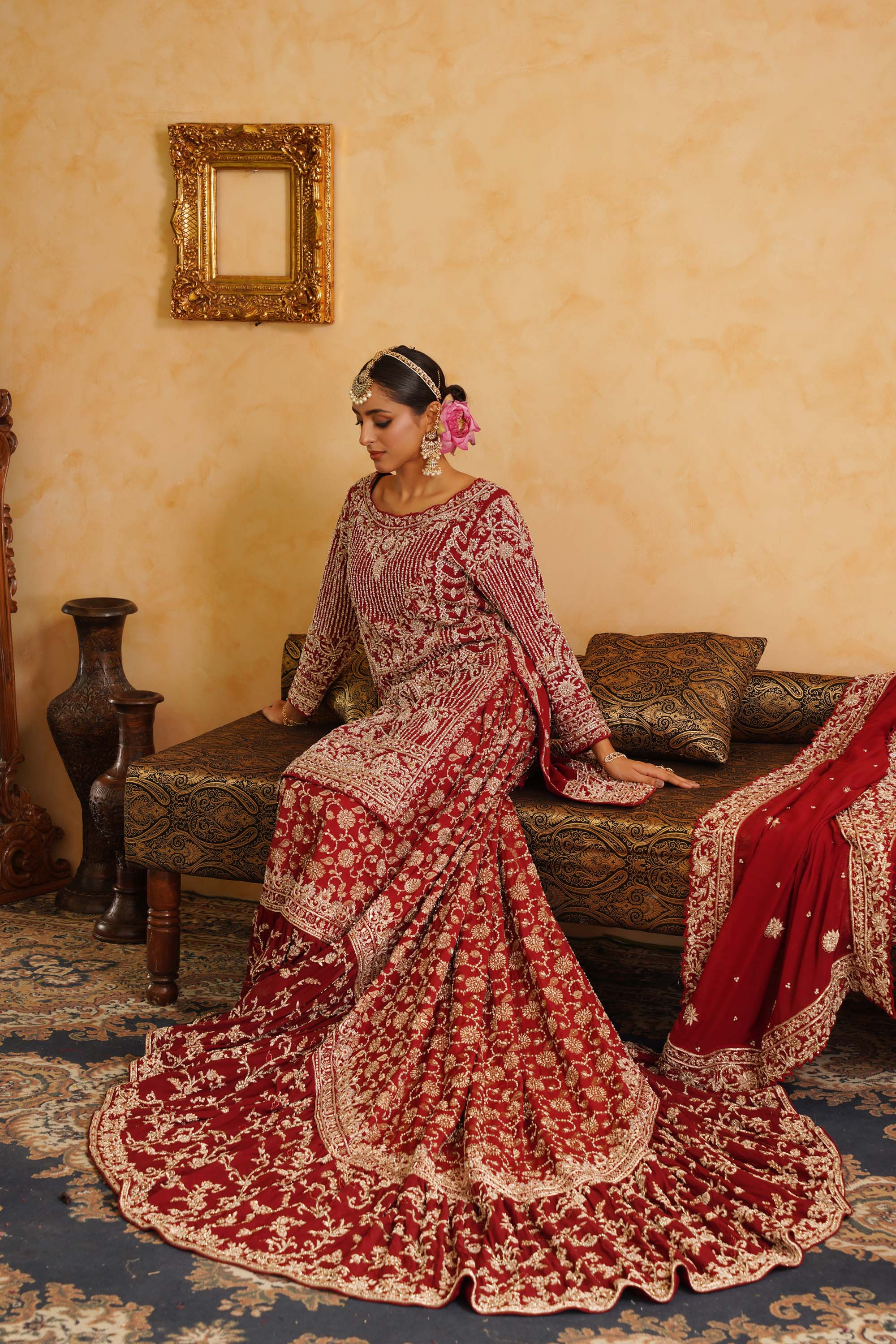 Maroon Frashi Gharara Kameez Dupatta Set