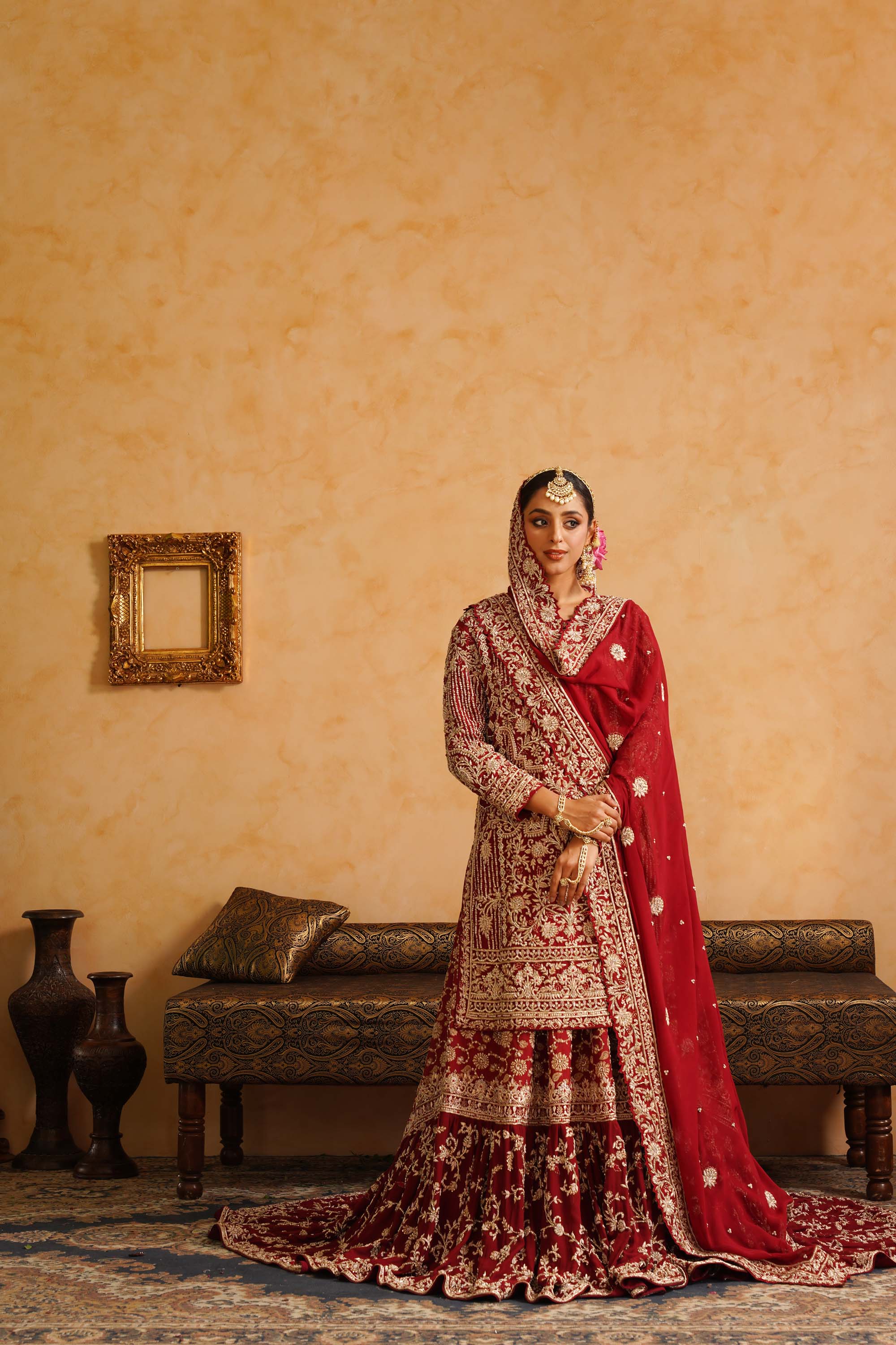 Maroon Frashi Gharara Kameez Dupatta Set