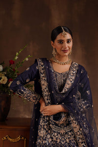 Navy Blue Raw Silk Kameez and Lehanga