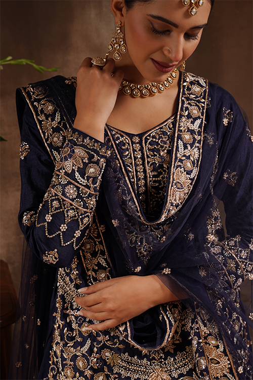 Navy Blue Raw Silk Kameez and Lehanga
