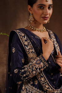 Navy Blue Raw Silk Kameez and Lehanga