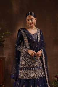 Navy Blue Raw Silk Kameez and Lehanga
